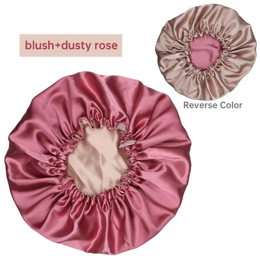 Silk Satin Adjustable/Reversible Hair Bonnet - Blush + Dusty Rose