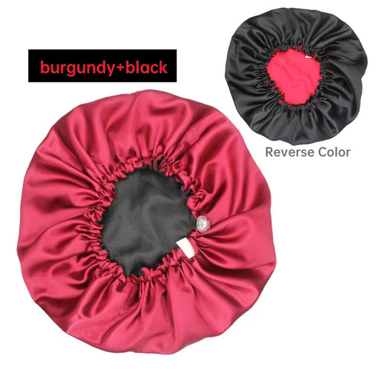 Silk Satin Adjustable/Reversible Hair Bonnet - Burgundy+Black