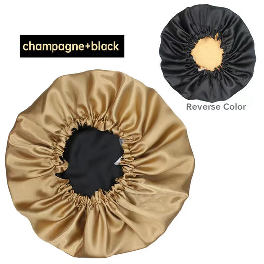Silk Satin Adjustable/Reversible Hair Bonnet - Champagne+Black