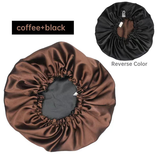 Silk Satin Adjustable/Reversible Hair Bonnet - Coffee+Black