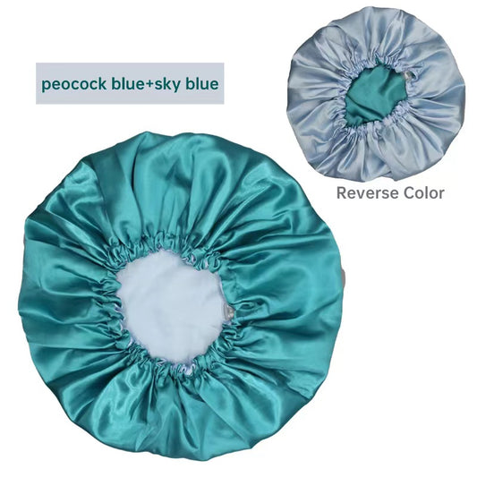 Silk Satin Adjustable/Reversible Hair Bonnet - Peacock Blue+Sky Blue