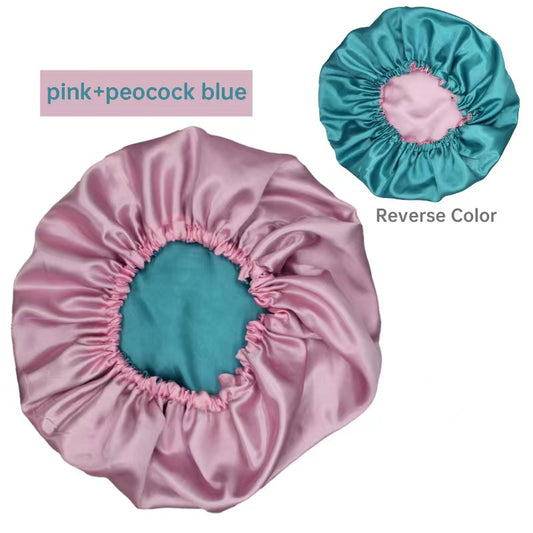 Silk Satin Adjustable/Reversible Hair Bonnet - Pink+Peacock Blue