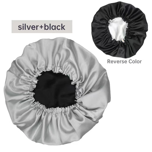 Silk Satin Adjustable/Reversible Hair Bonnet - Silver+Black